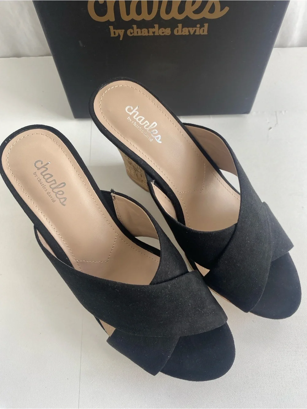 Charles By Charles David Latrice Black Crisscross Cork Wedge Sandals shoes 9.5
